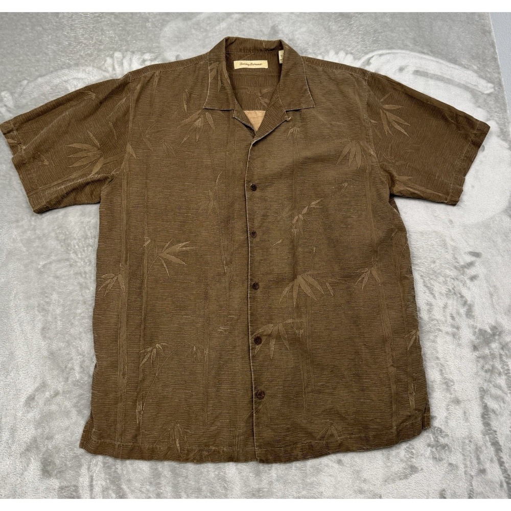 Tommy Bahama Silk Shirt Mens Large Brown Camp Tropical Floral Hawaiian Vintage
